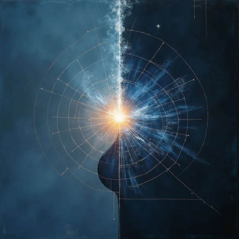 A central burst of bright white and golden light radiates outward against a deep blue, textured background. Fine, concentric circular lines and straight geometric segments intersect the glowing core, creating a web-like structure. A dark, organic silhouette rises from the bottom center, partially obscuring the light source and dividing the composition vertically.