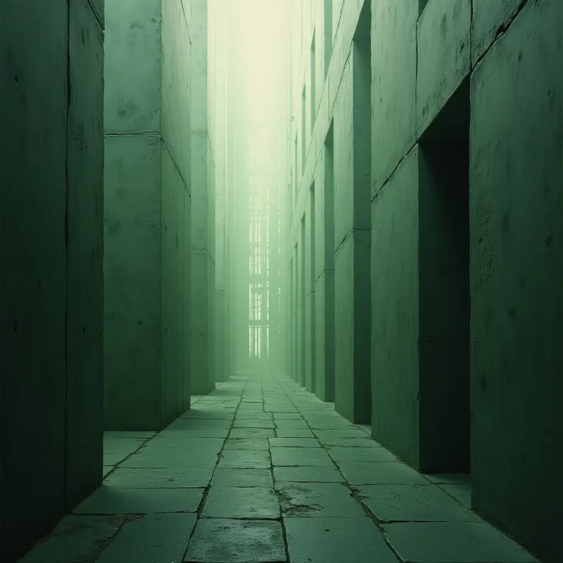 A monochromatic palette of muted greens defines this narrow corridor, where tall, rectangular monolithic structures create a sense of deep perspective. The walls and stone-tiled floor feature rough, weathered textures that contrast with the soft, diffused light emanating from the distant end of the passage. These vertical forms frame a central vanishing point, establishing a symmetrical spatial relationship within the enclosed space.