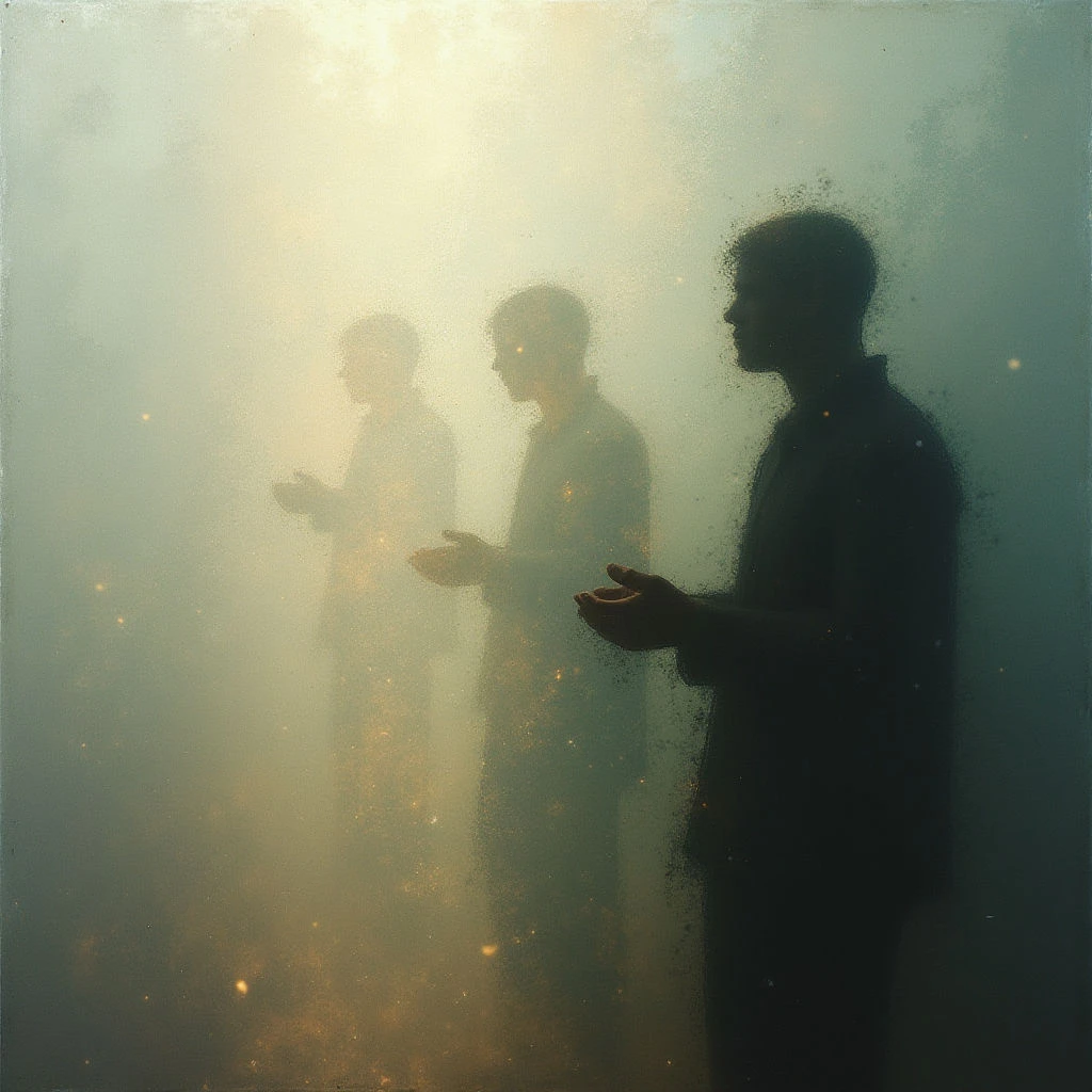Three silhouetted men stand facing each other, their hands outstretched as if presenting or receiving something unseen. A hazy, golden light shines between them and a scattering of small sparks floats in the air at their feet. The overall atmosphere is dreamlike and ethereal, with a sense of quiet contemplation.