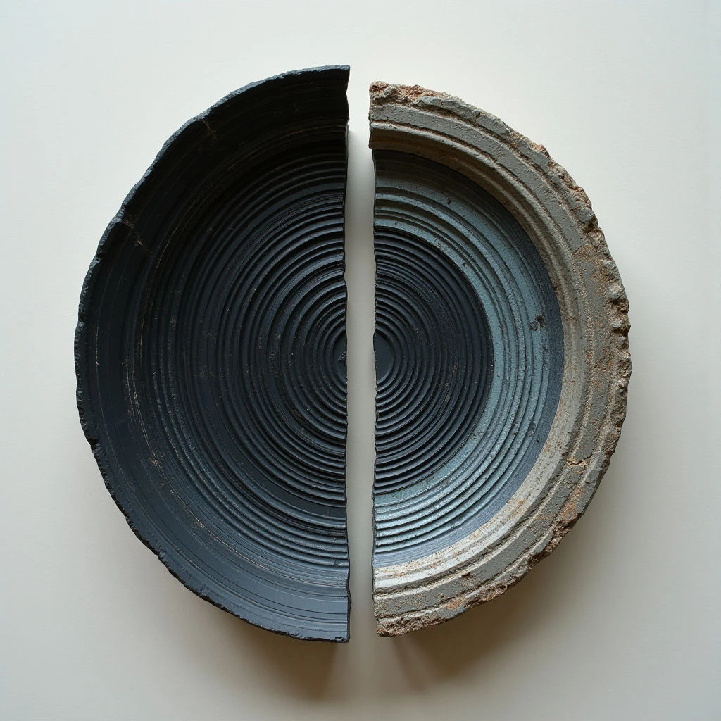 The image depicts a broken circular object with two distinct halves presented against a pale background. One half is dark gray with smooth concentric ridges while the other is lighter in tone and exhibits a rougher, more textured surface along its fractured edge. The pieces are positioned side-by-side forming an incomplete circle, lit evenly to reveal subtle variations in material and depth within each segment.