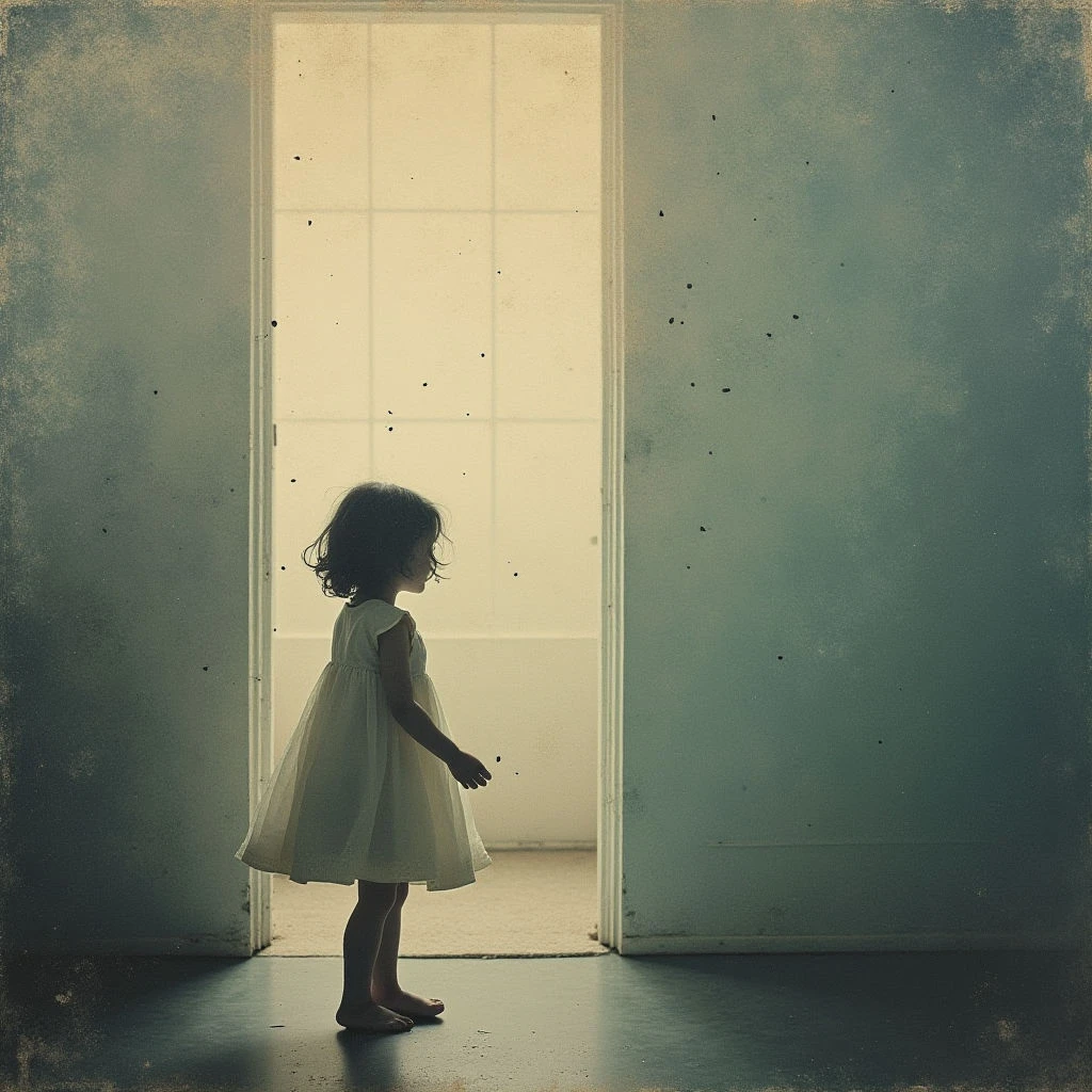 A small child stands silhouetted in a doorway, gazing into a brightly lit room beyond. The walls surrounding the doorway are a muted teal color with subtle speckling. She is barefoot and wearing a simple white dress, appearing lost in thought or anticipation as she looks forward.