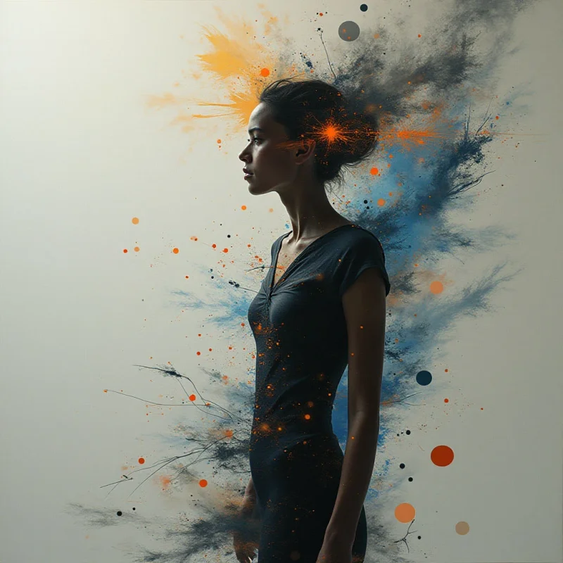 A woman with dark hair pulled back gazes to the left, her profile sharply defined against a pale background. She appears to be partially dissolving into bursts of orange and blue paint splatters that emanate from around her head and body. Small flecks of light drift outwards, creating an ethereal, fragmented effect.