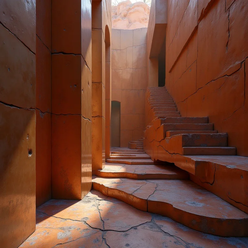 The scene is dominated by warm terracotta tones across all surfaces – walls, stairs, and flooring – with variations in shade creating depth. Rough, cracked textures are visible on the large geometric shapes composing the architecture, contrasting with smoother planes where light reflects. Strong directional sunlight casts long shadows that define the space and emphasize the stepped arrangement of the staircase leading upwards into a brighter, less defined area.