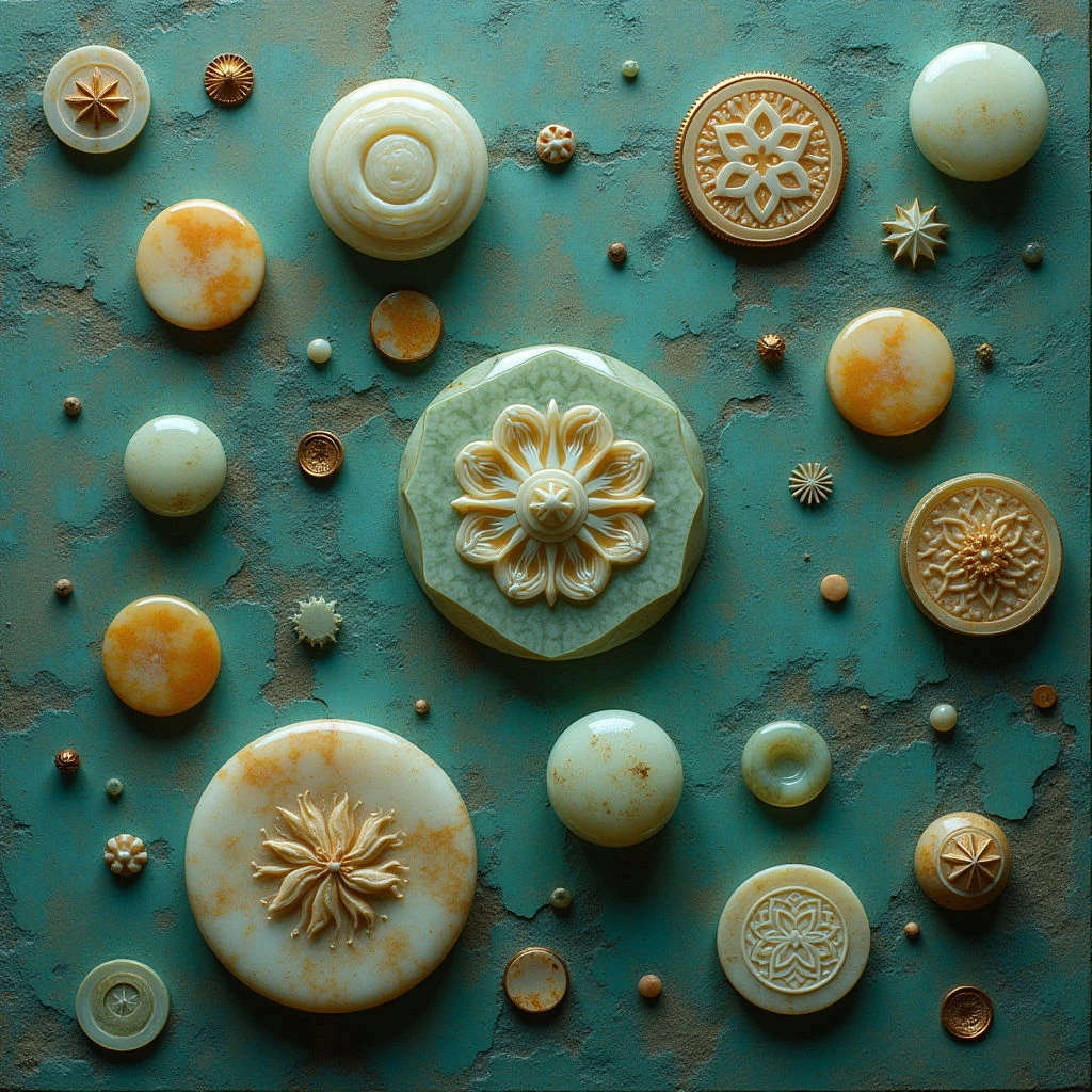 The image features a flat lay arrangement of circular and polygonal objects in varying sizes against a textured teal background. Colors are primarily muted shades of teal, gold, and cream, with some smaller bronze accents scattered throughout. Light appears diffused and even, highlighting the raised textures of both the objects and the surface they rest upon, while spatial relationships suggest a shallow depth with overlapping elements.