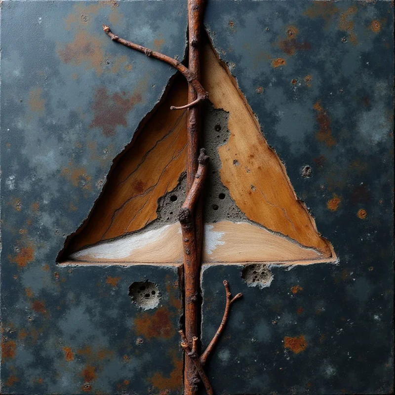 A dark, mottled blue surface with rust-colored patches is interrupted by a large, irregular triangular opening that reveals a layered tan and cream interior. A textured brown branch runs vertically through the center, spanning both the outer surface and the inner cavity. The composition uses sharp geometric edges of the cutout contrasted against the organic shapes of the wood and weathered textures.