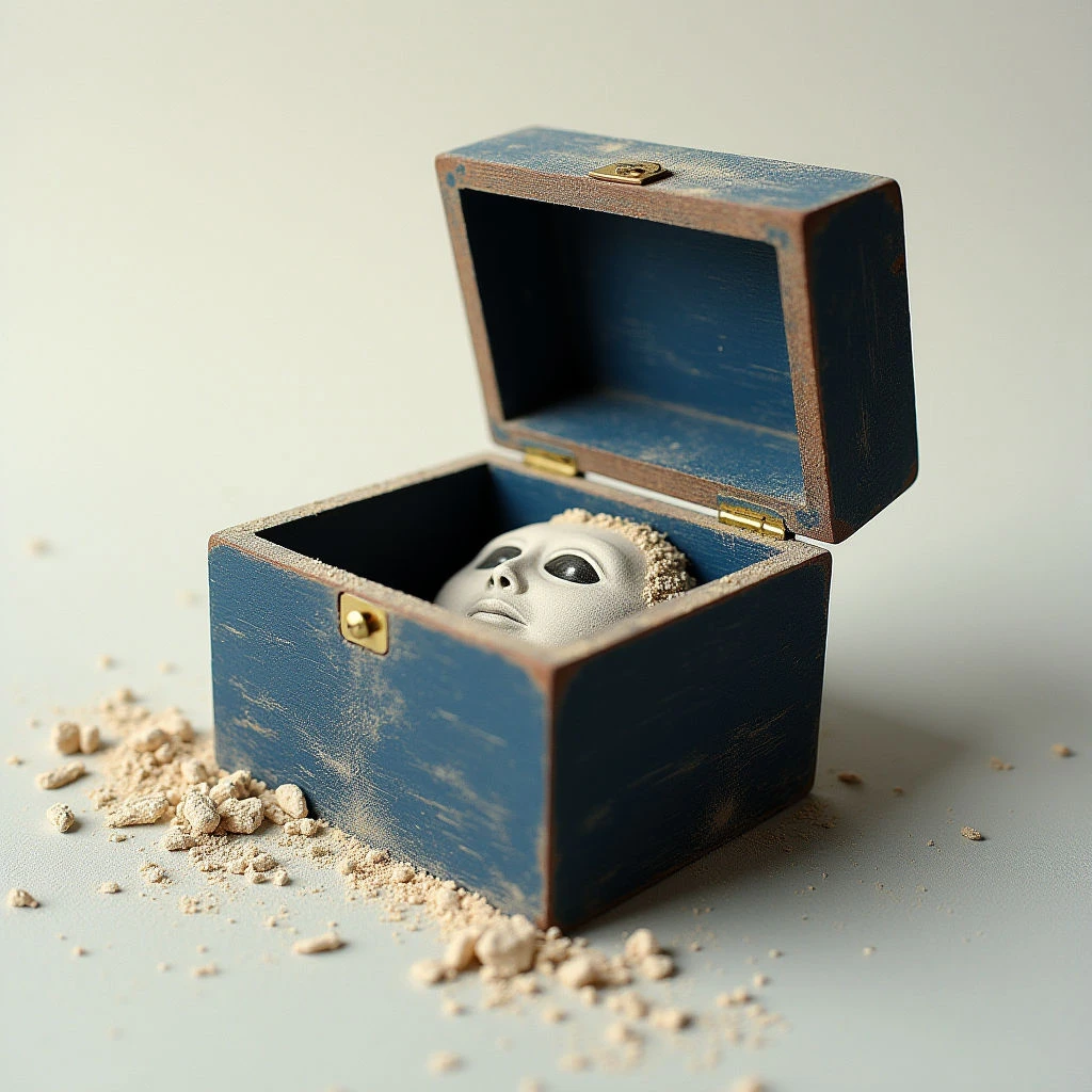 The image features a small, square blue wooden box with an open lid revealing a pale sculpted head within. Scattered around the base of the box are fragments of a similar pale material, contrasting with the smooth, slightly distressed texture of the wood and a neutral gray background. Soft, diffused light illuminates the scene, casting gentle shadows and highlighting the rounded form of the head against the darker interior of the box.