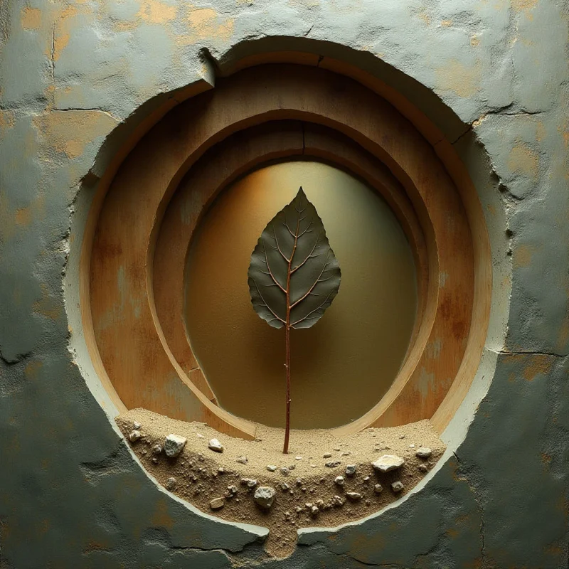 A single dark green leaf with prominent veins stands vertically atop a mound of coarse, tan sand within a circular wooden frame. The composition features a palette of muted earth tones, including dusty teal, warm wood, and sandy beige. Soft, diffused light illuminates the center, creating depth through the concentric shadows of the recessed circular layers.