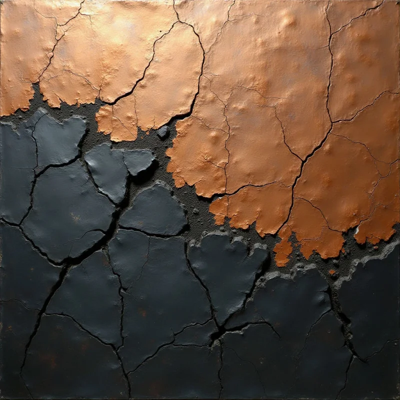 The image presents a stark division between textured copper and dark gray areas, with irregular, cracked edges defining their boundaries. Both surfaces exhibit a rough, uneven texture resembling dried earth or aged metal, and are punctuated by a network of fine fissures throughout. Light appears to highlight the raised topography of the materials, creating shadows within the cracks and emphasizing depth despite the generally flat spatial arrangement.