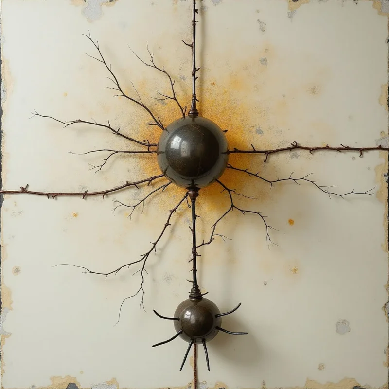 Dark, metallic spheres are centered on a vertical axis, connected by thin, thorny branches that radiate outward in organic, spindly shapes against an off-white background. The composition features a contrast between the smooth, reflective surfaces of the globes and the rough, linear textures of the dark twigs. Muted ochre stains spread behind the central sphere, while soft light creates subtle highlights on the metallic forms and shadows on the weathered surface.