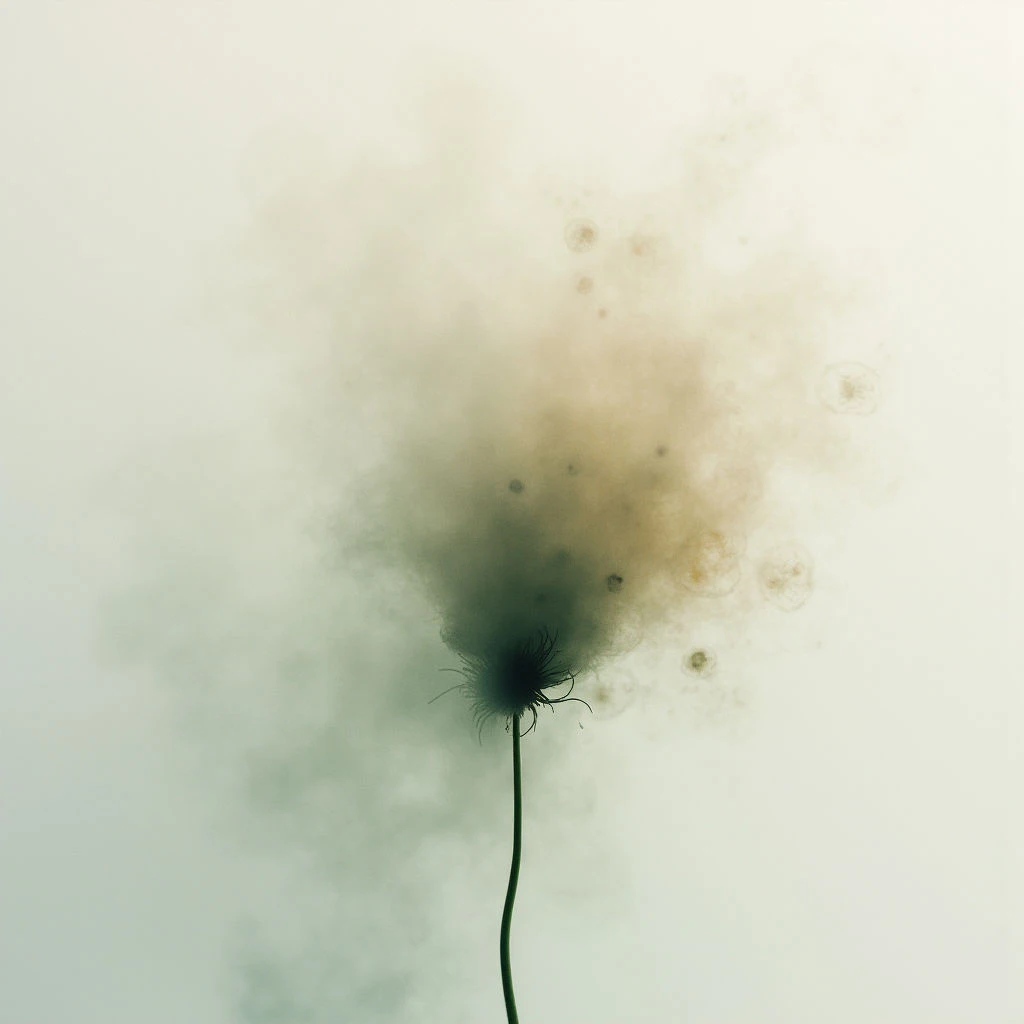 A single dandelion stem rises from a muted background, topped with a seed head in the midst of dispersal. The seeds are shown as a cloud of wispy particles radiating outward, blurring into the pale surroundings. The overall effect is delicate and ethereal, suggesting fragility and transition.