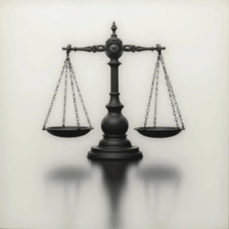 A dark, ornate set of scales stands centered against a pale gray background. The pans hang evenly, reflecting softly on the surface below. A blurred shadow extends downwards from the base of the scales, creating a sense of weight and mystery.