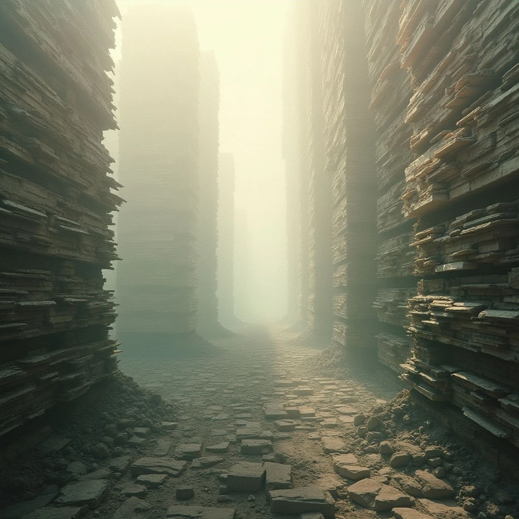 A narrow, stone-paved path winds through a canyon formed by impossibly tall, layered structures on either side. The walls are ancient and crumbling, with a rough texture and uneven edges. A dense fog fills the space, obscuring the ends of the passage and creating an ethereal glow.