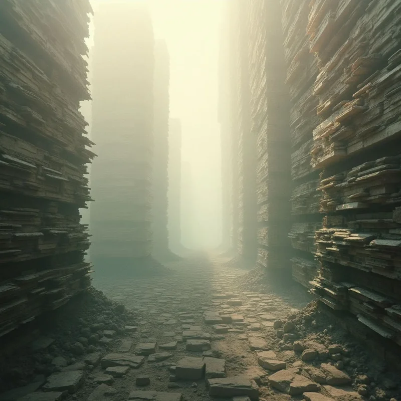 A narrow, stone-paved path winds through a canyon formed by impossibly tall, layered structures on either side. The walls are ancient and crumbling, with a rough texture and uneven edges. A dense fog fills the space, obscuring the ends of the passage and creating an ethereal glow.