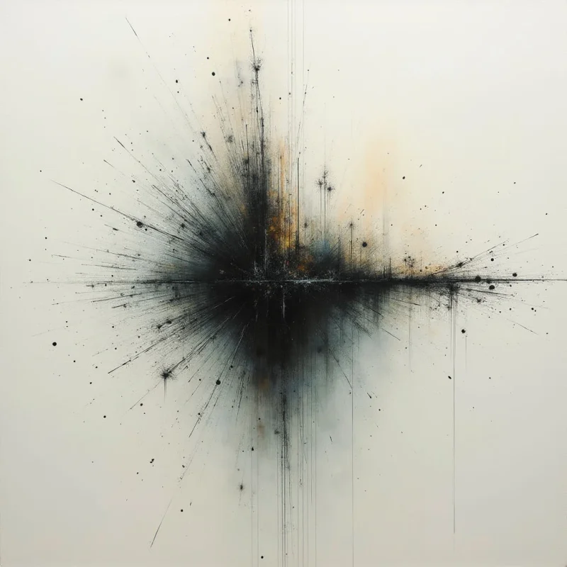 A dark, fractured shape explodes outwards from a central point on a pale background. Thin lines radiate like shards of glass or energy, scattering small flecks across the canvas. Hints of gold and peach peek through the darkness at the core of the burst.