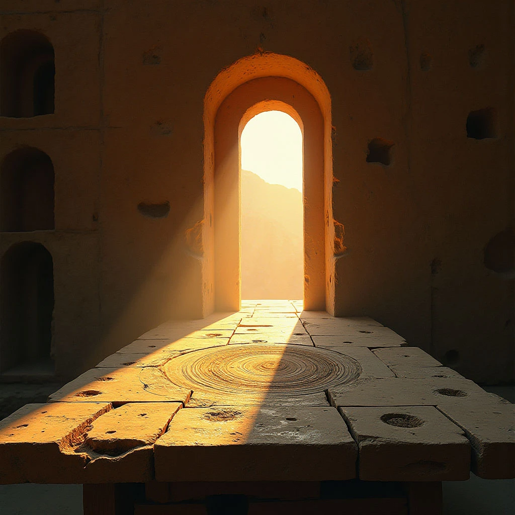 The image features a warm palette of ochre and golden tones across rough, textured walls and a stone floor. Arched openings of varying sizes are recessed into the walls, with the central arch framing a bright expanse of light leading to an outdoor view. Strong directional light casts long shadows across the foreground floor, emphasizing its cracked surface and circular patterns, while creating depth within the enclosed space.