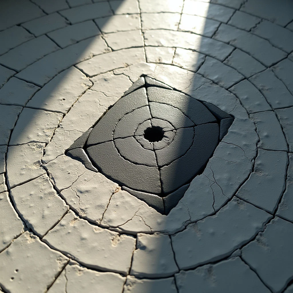 The image features a predominantly cool color palette of grays and whites with subtle variations in tone suggesting depth and shadow. A textured surface composed of irregularly shaped stone tiles radiates outward from a dark, central form resembling an eye, which is itself cracked and segmented. Light casts strong shadows across the tiles, creating a circular spatial arrangement that emphasizes the eye as the focal point while highlighting the rough, fractured quality of the surrounding material.