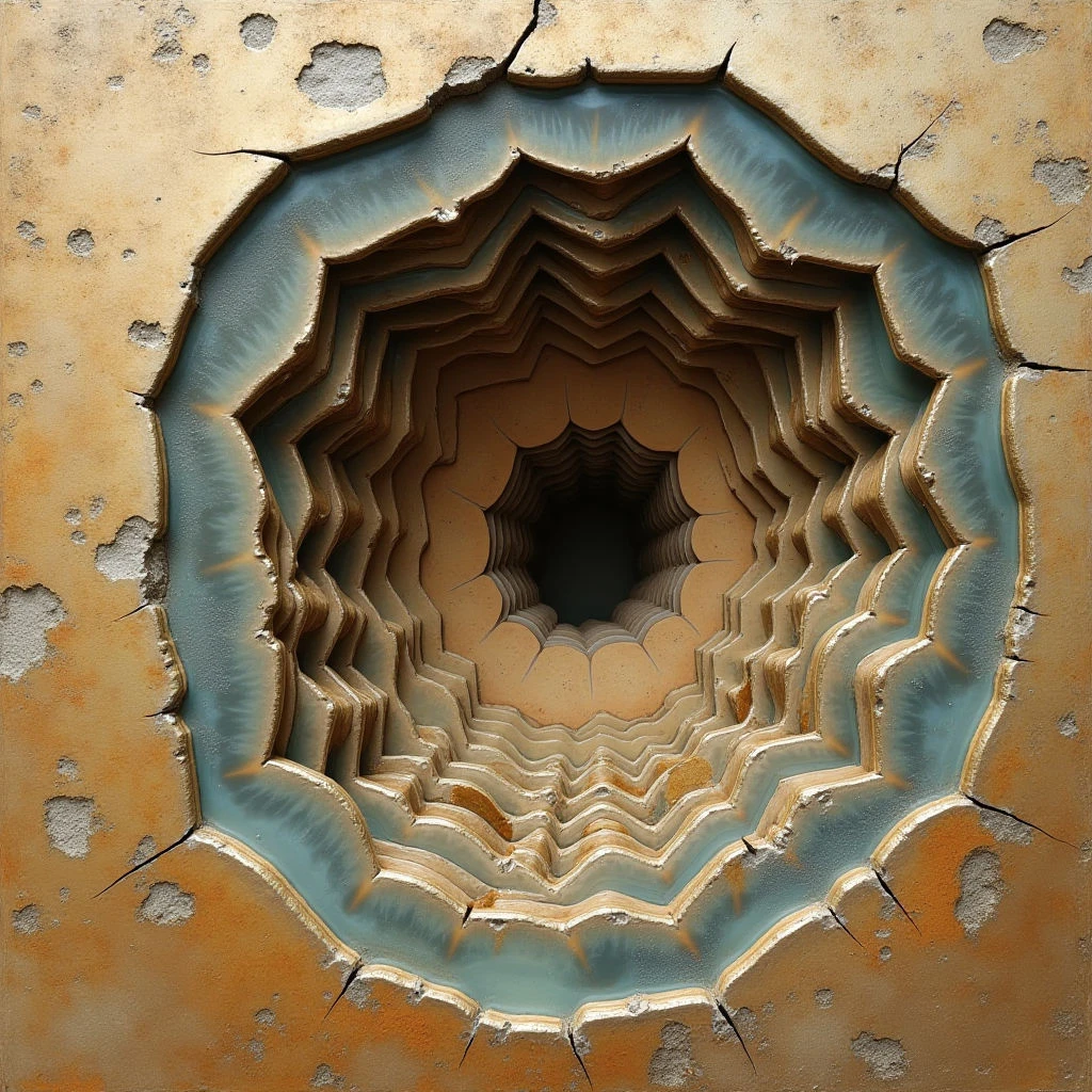 The image features a central, spiraling void surrounded by concentric layers of pale tan and ochre tones, edged with a muted teal hue. The surrounding surface is a rough, cracked texture in shades of rust and brown, contrasting with the smoother, layered appearance within the spiral. Light appears to emanate from the center, creating shadows that emphasize the depth and receding form of the nested shapes.