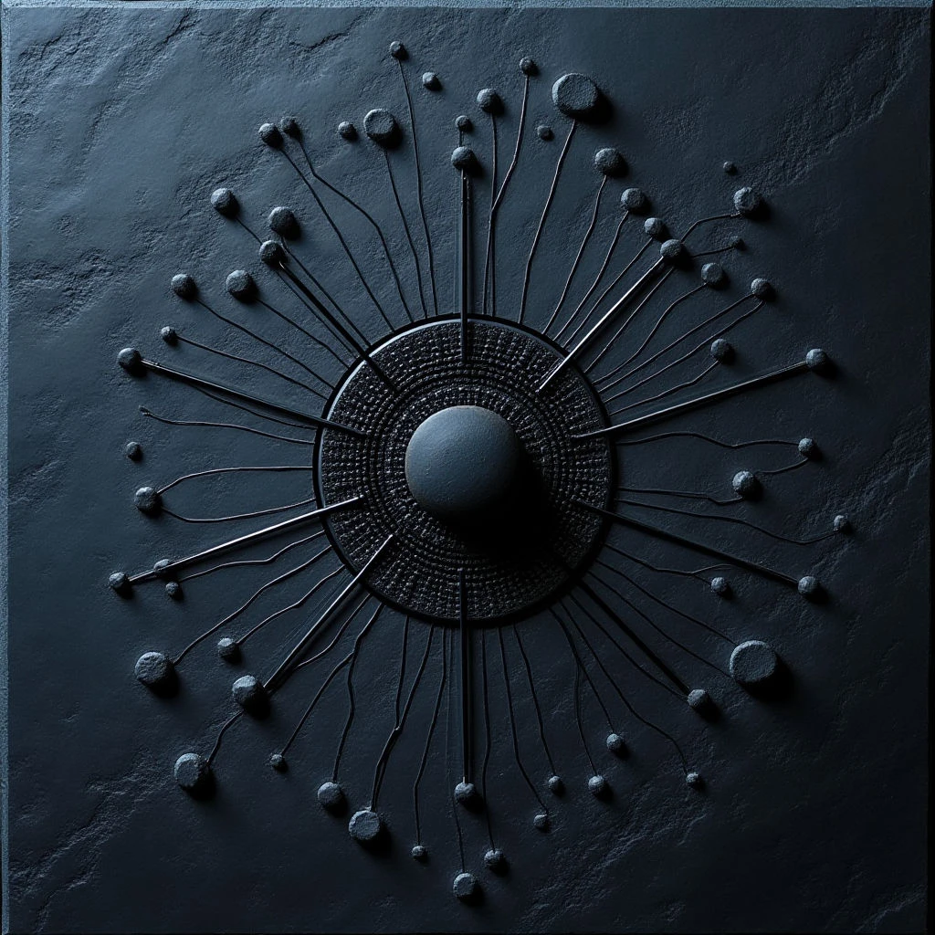 The image is dominated by shades of dark blue and gray, with a matte texture throughout suggesting stone or a similarly rough material. A central circular form radiates thin, spiky elements outwards, each tipped with small spherical protrusions that are scattered across the surface. Light appears to be coming from above and slightly to the left, creating subtle shadows and highlighting the three-dimensional relief of the composition.