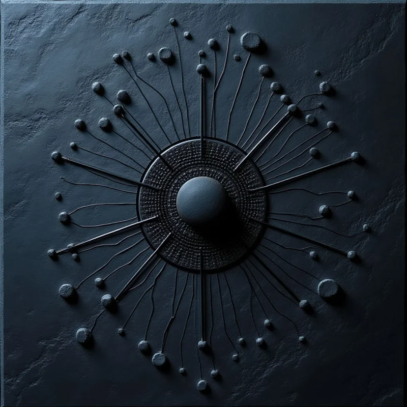 The image is dominated by shades of dark blue and gray, with a matte texture throughout suggesting stone or a similarly rough material. A central circular form radiates thin, spiky elements outwards, each tipped with small spherical protrusions that are scattered across the surface. Light appears to be coming from above and slightly to the left, creating subtle shadows and highlighting the three-dimensional relief of the composition.