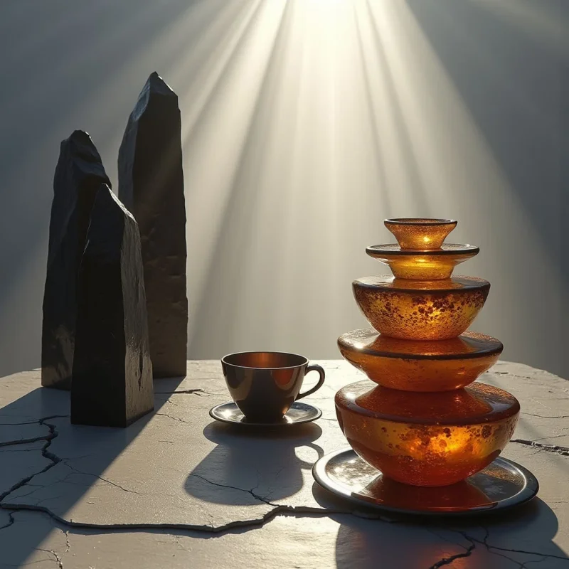 The scene features a muted color palette dominated by shades of brown, amber, and gray with a cool background tone. Rough, angular stone formations stand to the left while a stack of translucent, rounded vessels occupies the right side of the frame, balanced on a flat surface alongside a small cup and saucer. Strong directional light creates long shadows extending from all objects, emphasizing their forms and textures against the backdrop.