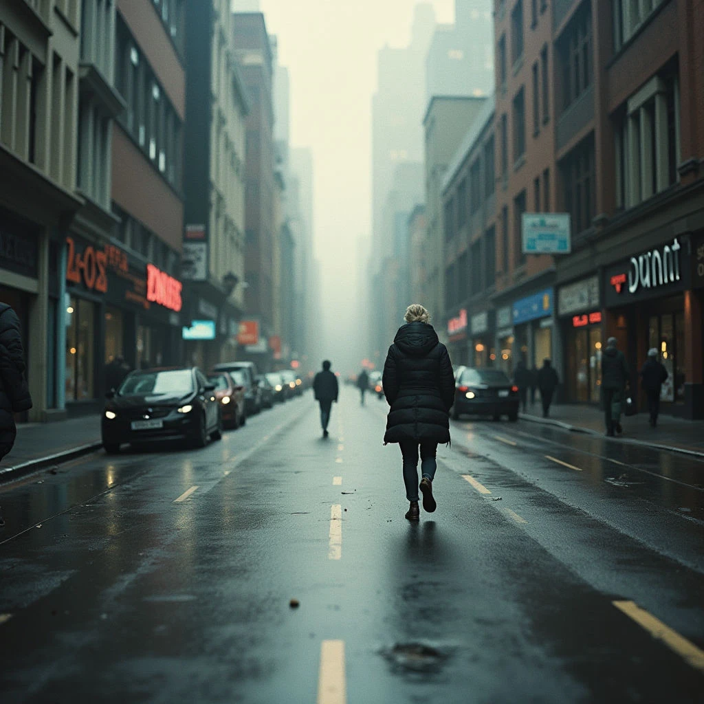 A lone figure walks down a wet city street, receding into the fog that obscures the buildings ahead. Cars line both sides of the road, their reflections shimmering on the slick pavement after a recent rain. The scene is muted and gray, with a sense of isolation despite the presence of other people further down the block.