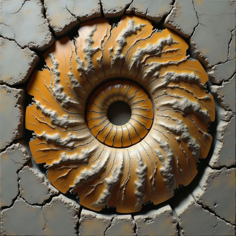 A central ochre-colored circular form with radiating ridges and a dark hollow center is set within a cracked, gray textured surface. Thick, white, granular lines extend from the core toward the outer edges of the circle, creating a sense of layered depth. The composition is centered and symmetrical, defined by high-contrast shadows within the crevices and radial patterns.