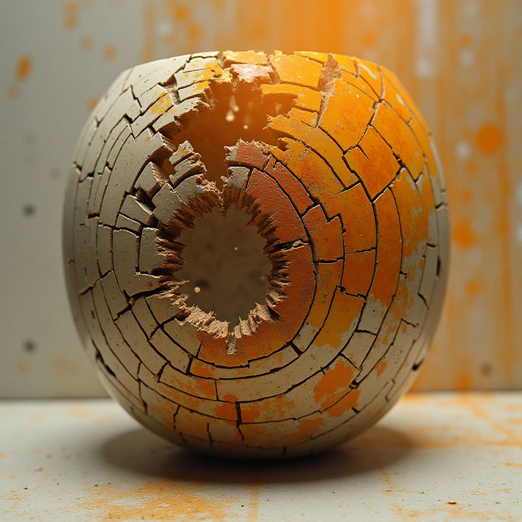 The image features a spherical form constructed from layered, brick-like segments in shades of cream and ochre. A large opening disrupts the sphere’s surface, revealing concentric circles within, while textures appear rough and fragmented along the edges of the segments. Light sources create highlights on the upper portion of the sphere and cast subtle shadows onto the flat plane it rests upon, suggesting a close proximity between the object and its background.