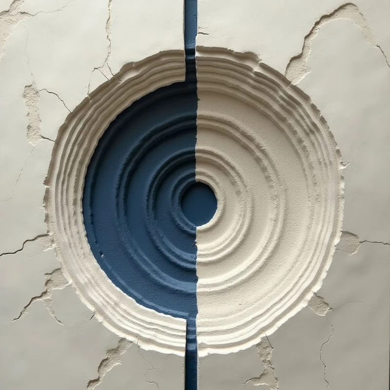 A circular relief with concentric grooves is bisected vertically by a dark blue line, splitting the form into a cream-colored right side and a deep blue left side. The textured surface features ridged, stepped patterns within the circle and irregular cracks spreading across the smooth, off-white background. Light hits from the upper left, casting subtle shadows that emphasize the depth of the grooves and the unevenness of the surrounding plane.