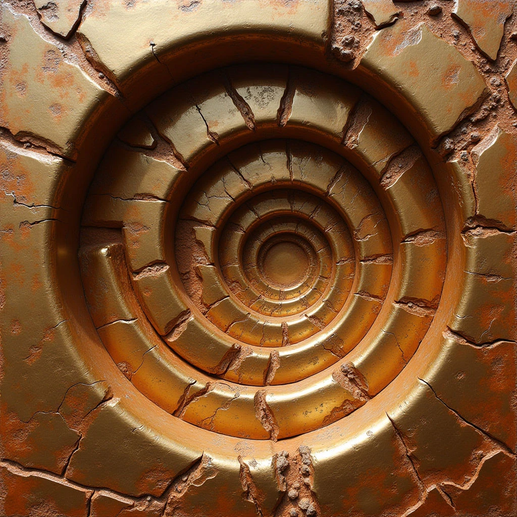 The image features a tightly wound spiral form in shades of gold and brown, resembling a nautilus shell or geological formation. A rough, cracked texture covers the entire surface, with lighter highlights emphasizing the raised edges of the spiral's segments and surrounding field. Light appears to originate from above and slightly to the left, creating shadows within the crevices and defining the depth of the concentric curves.