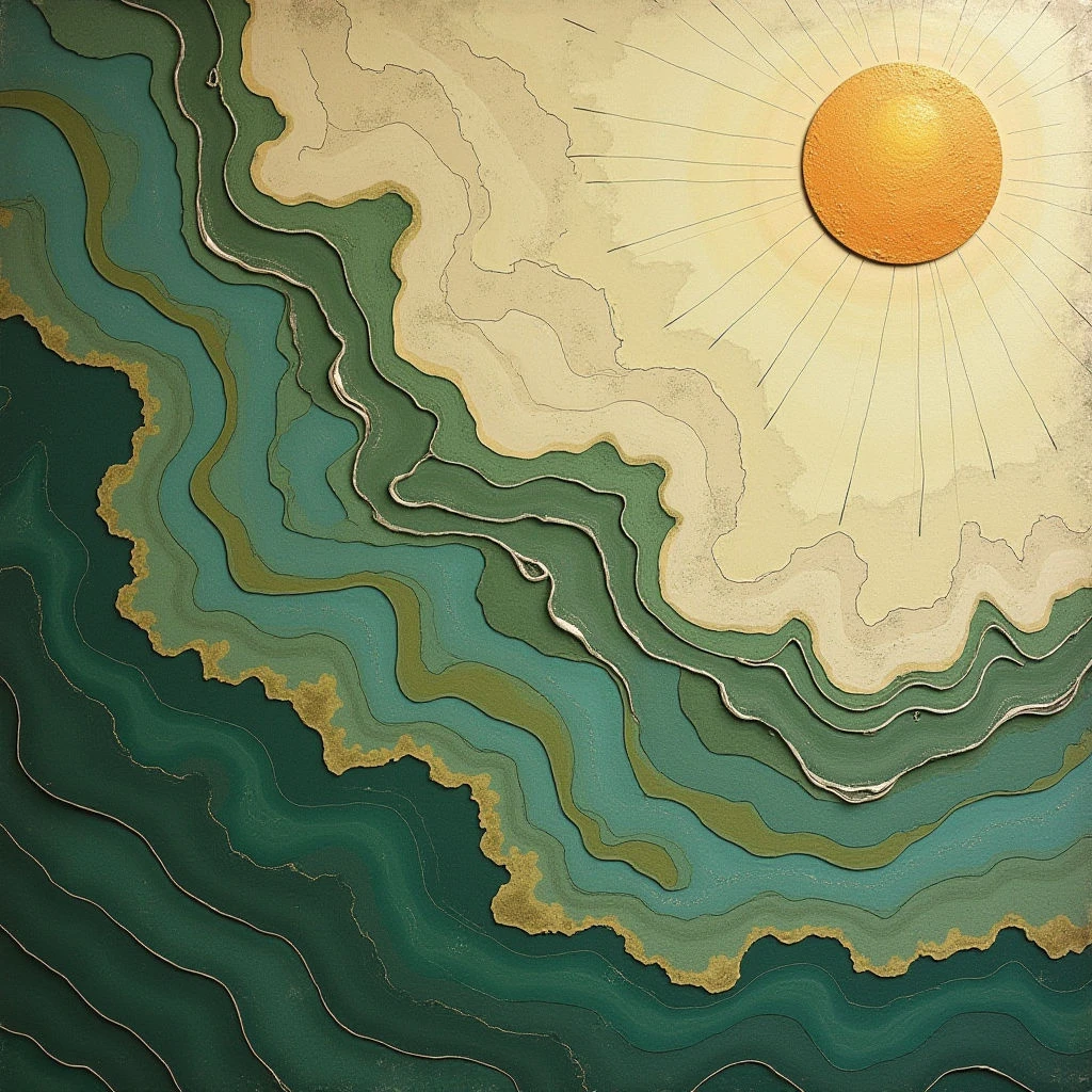 The image features a color palette of deep greens, muted golds, and pale yellows, with a central bright orange sphere. Layered, sinuous shapes define both an undulating lower section and cloud-like forms above, creating a sense of depth through overlapping planes. Light appears to emanate from the orange sphere, casting subtle rays across a textured background and highlighting the edges of the layered shapes.