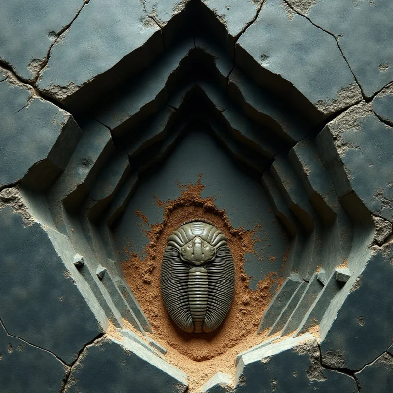A dark grey, cracked stone structure forms a series of receding, angular geometric layers that create a deep, diamond-shaped cavity. At the center of this hollow sits a textured, ribbed trilobite fossil resting on a bed of fine, ochre-colored sand. Soft light illuminates the central specimen and the sandy texture, contrasting against the shadowed recesses of the surrounding stone.