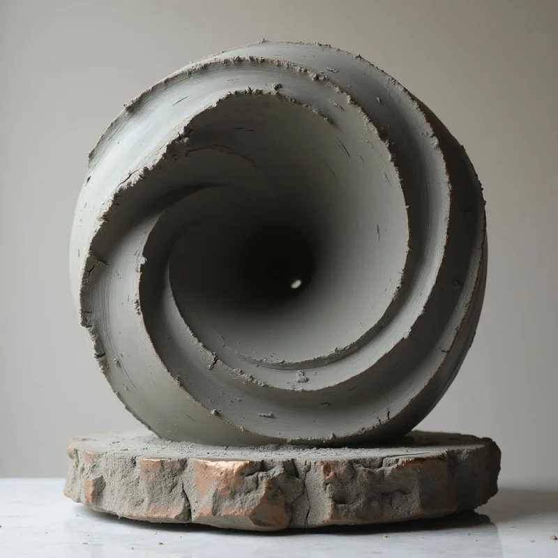 A monochromatic gray sculpture features a swirling, spiral shape with deep grooves and rough, granular textures. The form rests on an irregular, rocky base of the same color and material, centered against a neutral, light-toned background. Soft, diffused light creates subtle shadows within the circular recesses, emphasizing the depth and rhythmic curves of the composition.