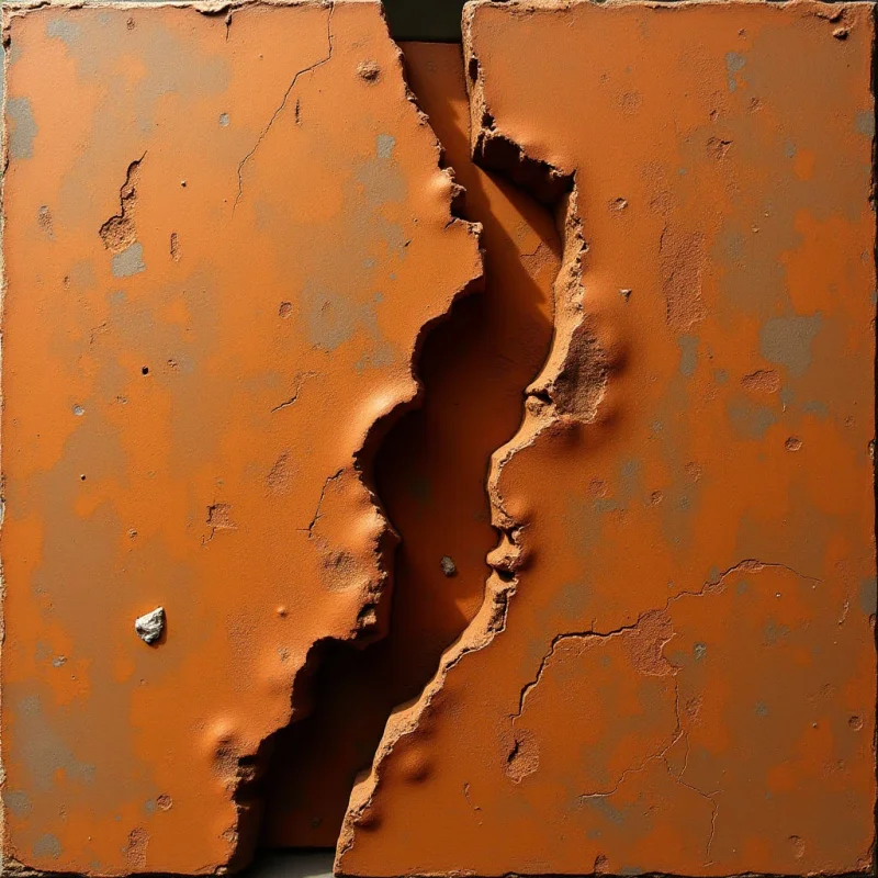 Two large, orange rectangular slabs are separated by a jagged, irregular vertical fissure that creates deep shadows and a sense of depth. The surfaces feature a matte, weathered texture with fine cracks, small pits, and subtle variations in color tone. Light falls from the side, highlighting the rough, uneven edges of the central gap and casting dark shadows into the crevice.
