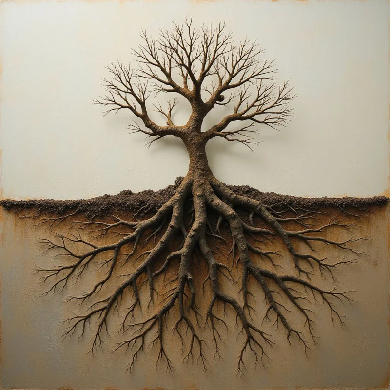 A leafless tree with a textured brown trunk and intricate branching structure is centered against a split background of cream and muted gray. The upper half features fine, spindly branches reaching upward, while the lower half shows an expansive root system spreading symmetrically downward through dark, granular soil. Light appears even across the composition, emphasizing the rough, organic textures of the wood and earth against the smooth, flat surfaces.