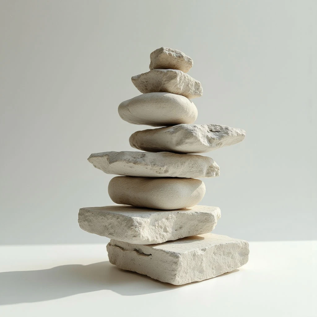 The image features a stack of roughly textured, pale beige stones arranged vertically on a flat surface. Light falls from the upper left, creating shadows that emphasize the irregular shapes and layered composition of the stones. The background is a smooth, neutral off-white, providing contrast and highlighting the central form’s three-dimensional presence.