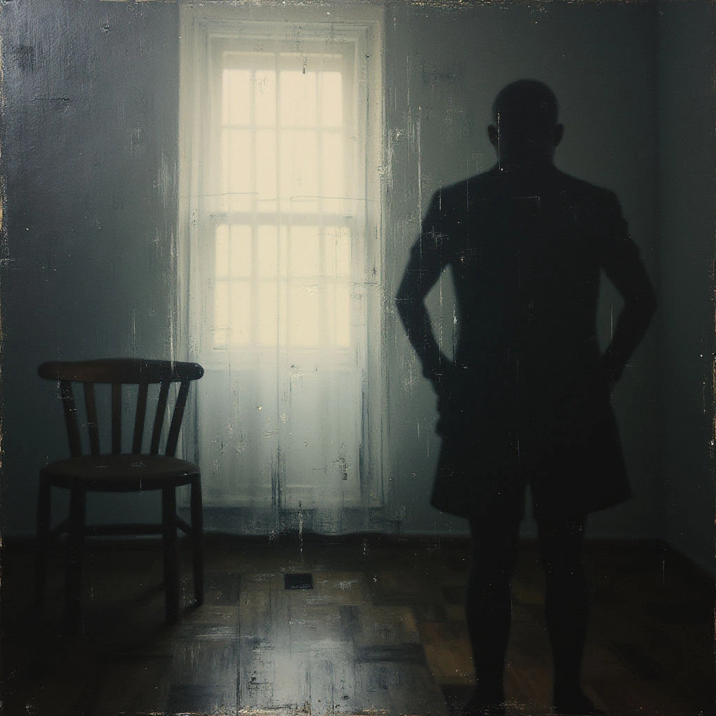 A dark silhouette of a person stands with their back to the viewer, facing a brightly lit window. A simple wooden chair sits nearby, also cast in shadow, on a worn wooden floor. The room feels stark and empty, bathed in cool tones except for the glow emanating from the window.