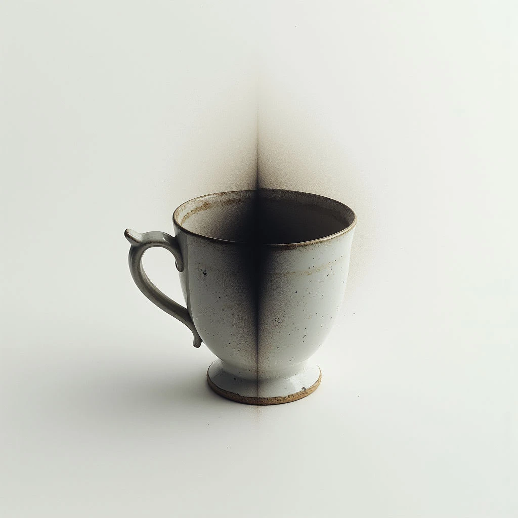 A weathered, grey ceramic cup sits against a stark white background. The cup is partially obscured by a dark gradient that seems to be dissolving into the wall behind it. It appears as if the cup is fading or merging with its surroundings.