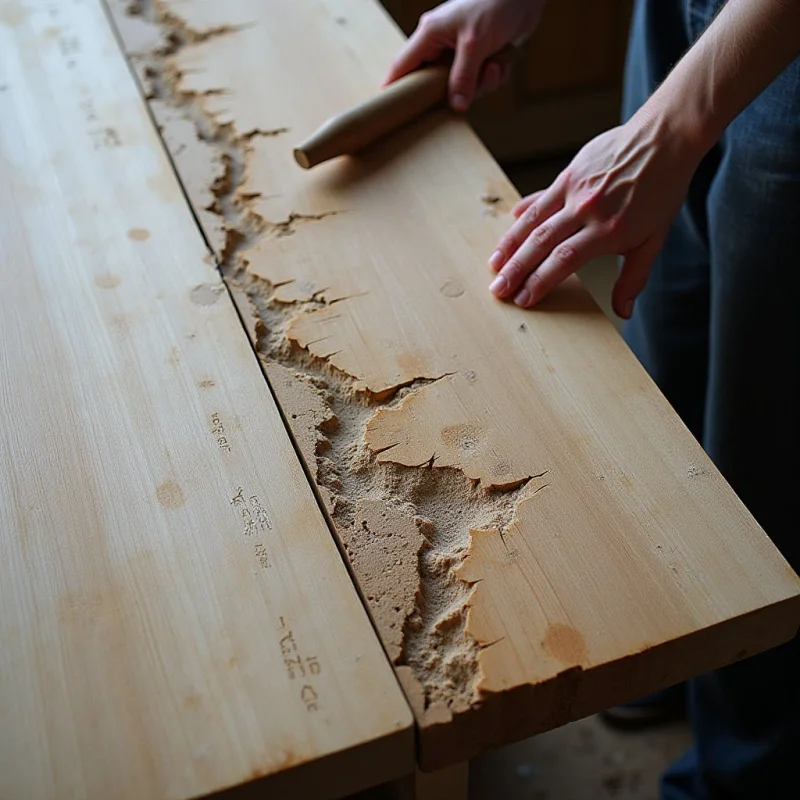 A light-toned wooden surface is divided by a deep, irregular crevice filled with coarse, sandy-colored sawdust. Two hands rest near the jagged edges of the split, which runs diagonally through the center of the composition. Soft light illuminates the smooth grain of the wood and the rough, granular texture within the gap.