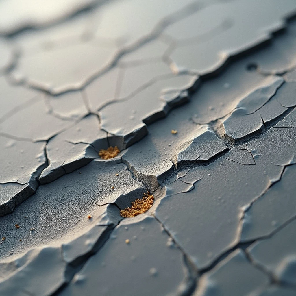 The image presents a predominantly cool color palette of blues and grays across a fractured surface. A rough, granular texture is visible throughout, punctuated by sharper edges along the cracks and small clusters of golden particles within them. Light appears to be coming from the upper left, creating subtle shadows that emphasize the depth and irregular spatial arrangement of the broken pieces.