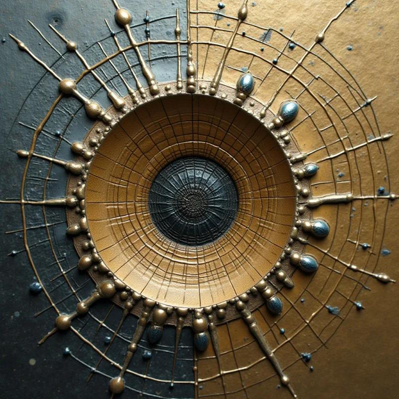 A central dark circular void is surrounded by concentric rings of textured bronze and gold, creating a layered, funnel-like depth. Radiating outward from this center are thin metallic lines tipped with smooth, bulbous spheres that span across a split background of matte black and brushed gold. The composition features high contrast between the deep shadows of the core and the reflective, metallic surfaces catching light along the raised ridges.