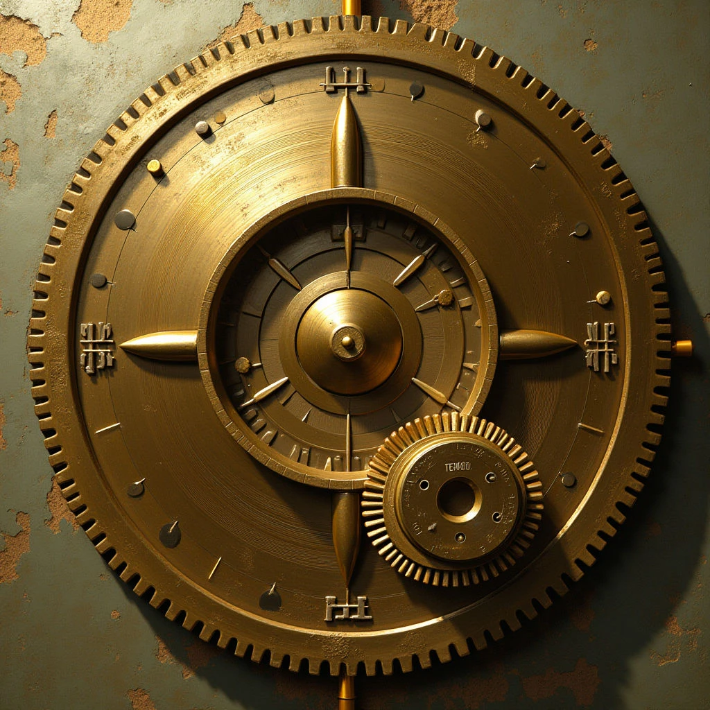 The image features a predominantly warm color palette of gold and bronze tones against a muted teal background. A complex arrangement of gears, dials, and riveted metal plates creates a dense, textured central form with radiating spokes and pointed elements around the perimeter. Light sources appear to be positioned above and slightly to the side, casting shadows that emphasize the depth and three-dimensionality of the mechanical components while highlighting their metallic sheen.
