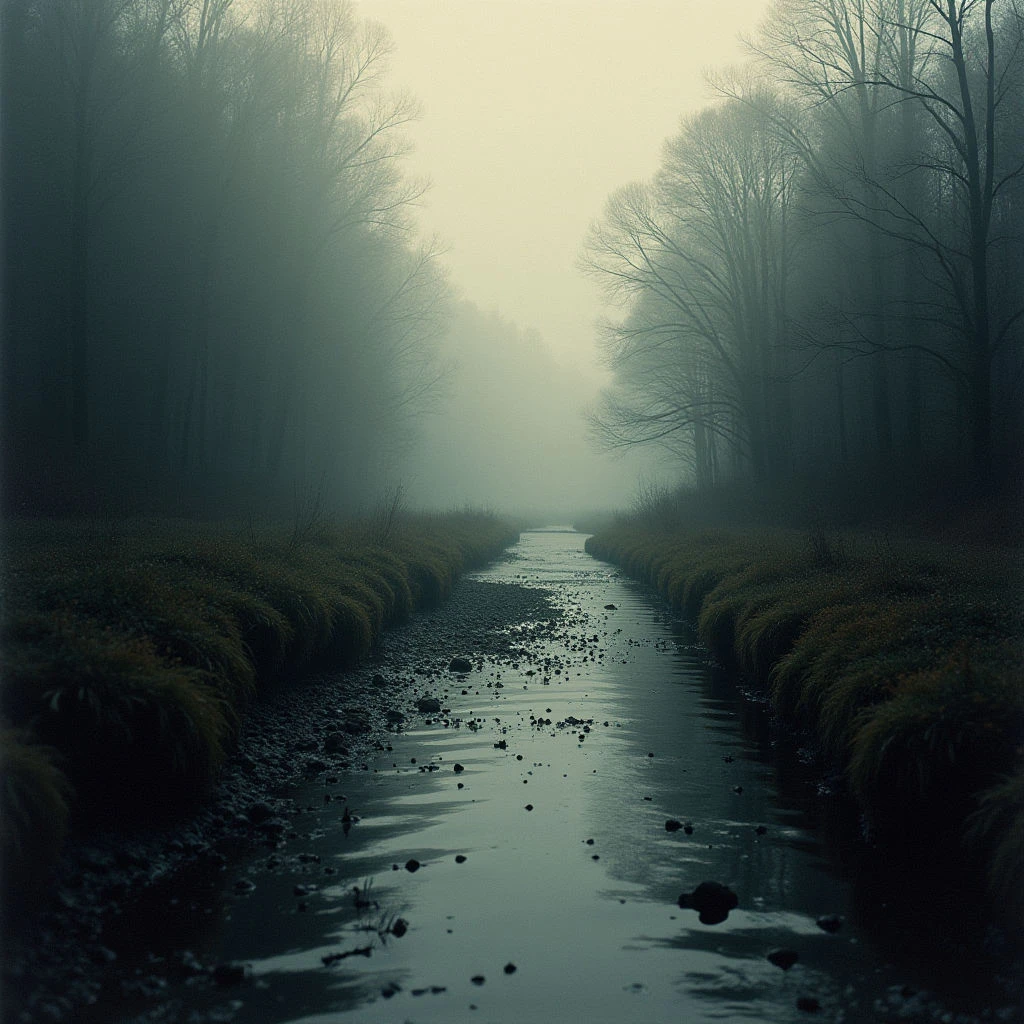 A narrow stream cuts through a dense, misty forest of bare trees. The water is dark and reflective, lined by low-lying vegetation on either bank. A thick fog obscures the distance, creating an eerie and secluded atmosphere.