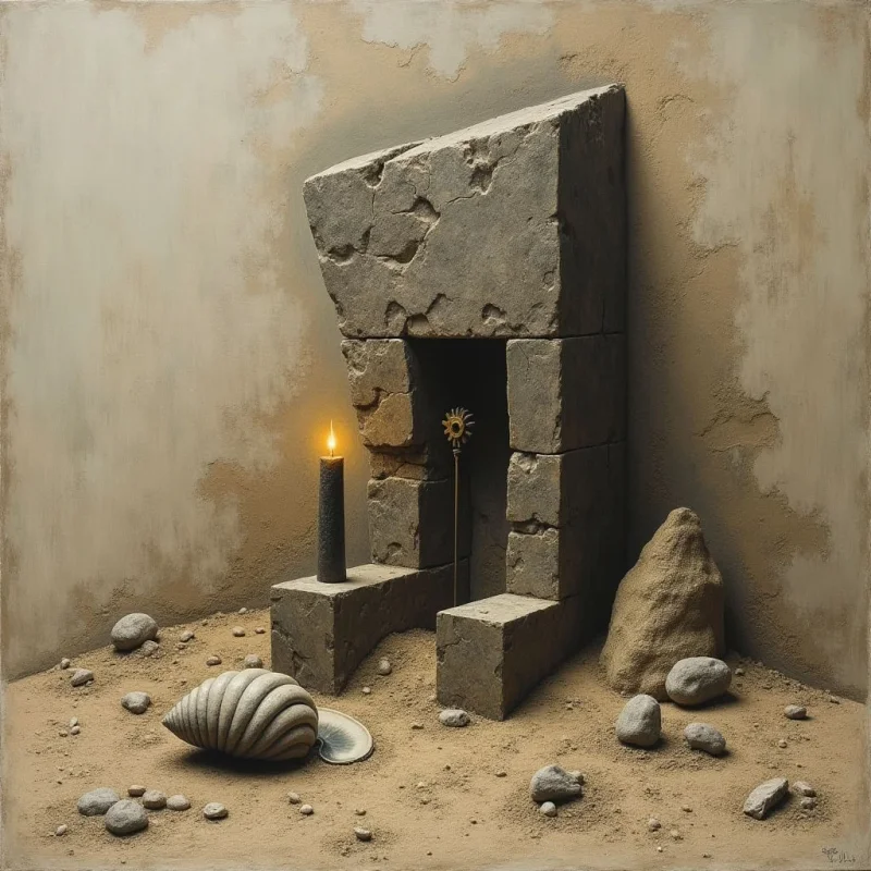 A central stone structure with a rectangular opening stands against a textured tan wall in a desert-like setting. A single lit black candle sits to the left of the portal, casting a warm glow alongside a small metallic sunburst ornament positioned within the doorway. The composition features earthy tones and various organic shapes, including scattered stones and a large ribbed shell resting on the sandy ground.