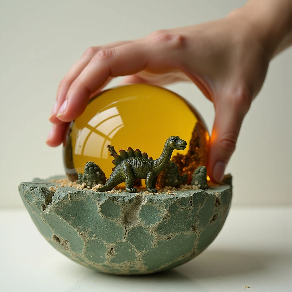 The image features a muted palette of greens and yellows with contrasting warm tones in the miniature landscape within a clear sphere. Rough, textured surfaces define the broken eggshell base and small trees, while smooth, reflective curves characterize the glass orb and hand holding it. A dinosaur figurine is centrally positioned inside the sphere, appearing smaller due to its placement within the spatial depth created by the encompassing form.