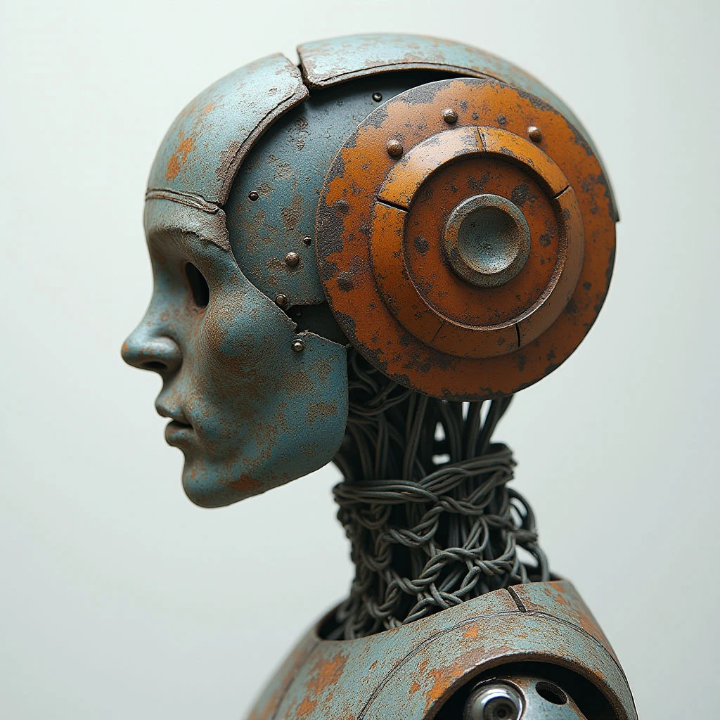 The image depicts a bust with a face resembling a human profile seamlessly integrated into metallic components. Predominant colors are teal and rust orange, with varying shades suggesting age and wear on textured surfaces of both smooth facial features and complex mechanical structures. Soft, diffused light highlights the contours of the face and emphasizes the intricate details of the interwoven wires and circular forms composing the neck and headpiece, set against a plain off-white background creating depth through contrast.