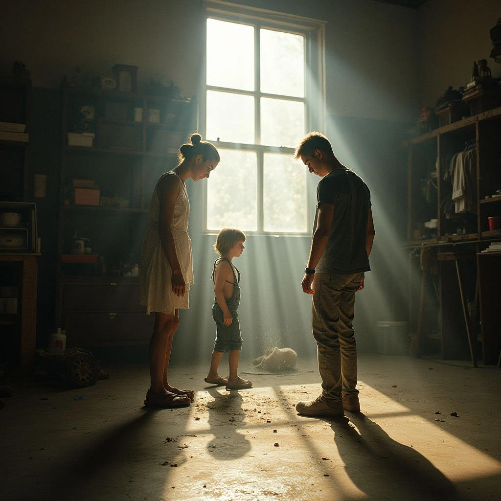 A young child stands between their parents, who face each other with downcast eyes in a dimly lit room. Dust motes dance in the strong beams of sunlight streaming through a large window, illuminating scattered debris on the floor. The atmosphere is heavy and quiet, suggesting a moment of tension or aftermath.