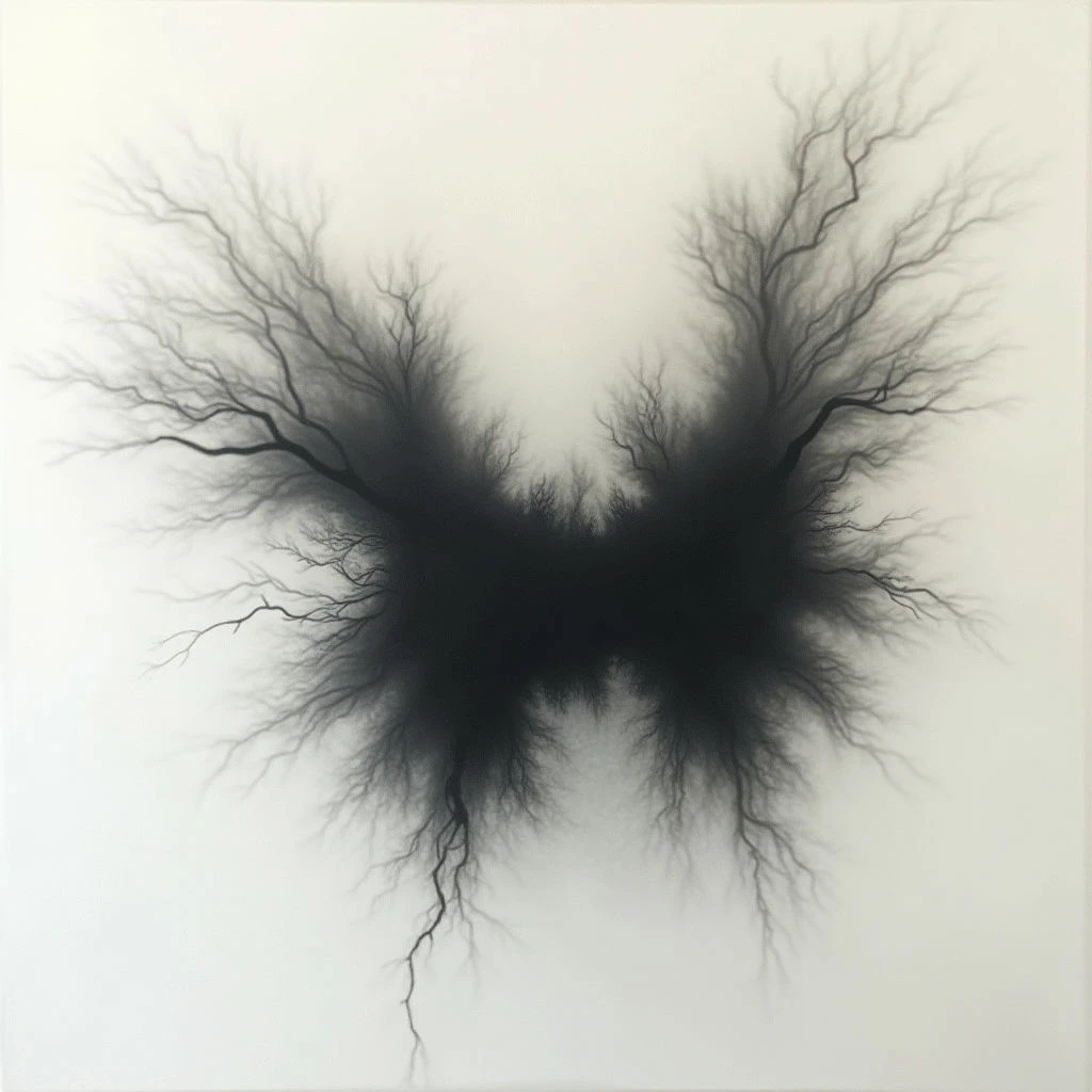 A dark, shadowy form resembling bare tree branches spreads across a white background. The central mass is intensely black, gradually fading into delicate lines that extend outward like roots or limbs. It evokes a sense of both growth and decay, with the stark contrast creating a dramatic effect.