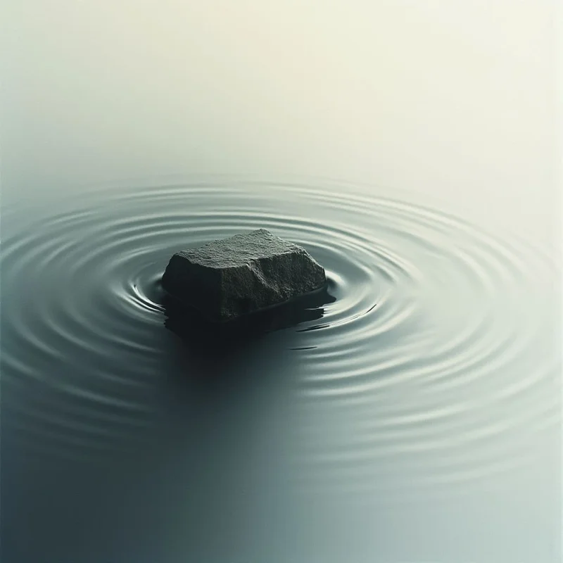 A dark, roughly-shaped rock sits partially submerged in still water. Concentric ripples spread outwards from the stone, disturbing the otherwise smooth surface of the reflective pool. The background fades into a soft, muted grey tone, emphasizing the quiet solitude of the scene.