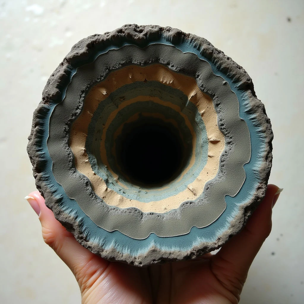 The image features a circular opening with concentric layers of varying earth tones—grays, blues, tans, and ochres—revealing a rough, uneven texture throughout. These layers diminish in size as they approach a central dark void, creating a tunnel-like perspective. Light enters from the exterior, highlighting the surface irregularities and casting shadows within the depths of the hole, while a hand holds the object at an angle against a neutral background.