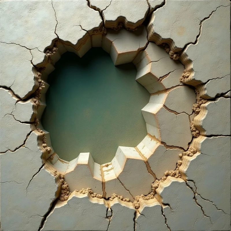 A large, jagged hole with irregular, serrated edges is centered within a cracked, pale grey surface. The rough, crumbling texture of the broken material contrasts with the smooth, matte teal expanse visible through the opening. Soft light creates subtle shadows within the deep crevices and cracks that radiate outward from the central void.